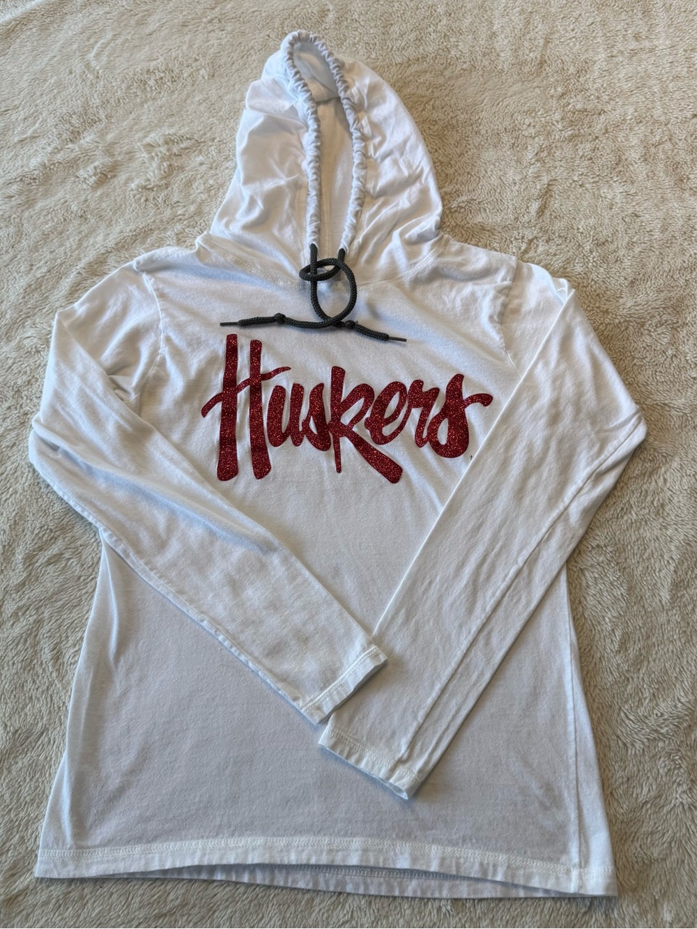 Adult Womens White S University of Nebraska Huskers Hooded T-Shirt Glitter